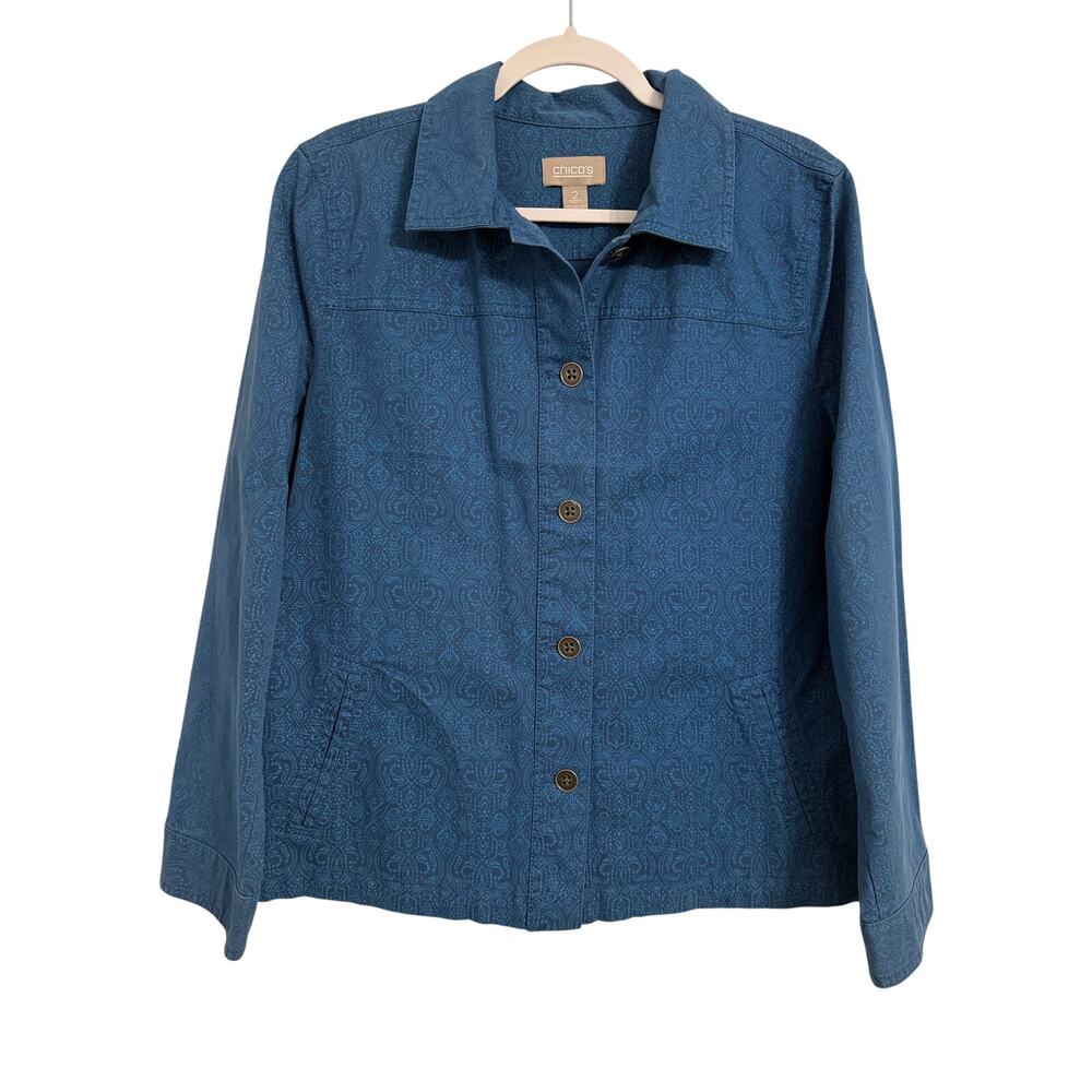 Chico's Women's L Blue Abstract Long Sleeve Pocket Cotton Spandex Jacket Casual